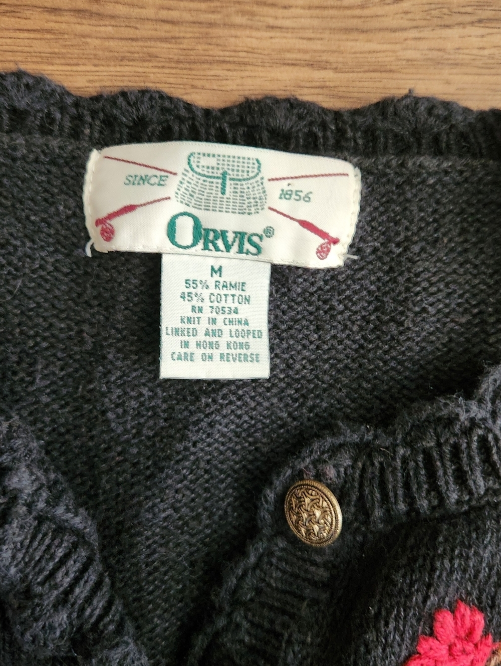Vintage Orvis Black Knitted Cardigan Sweater Floral Embroidery Size Medium - Picture 3 of 4